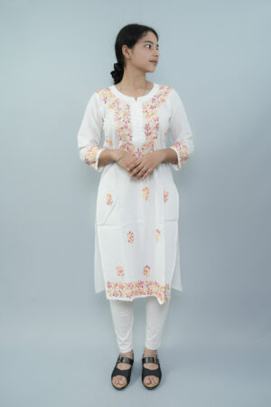 White Hand-Embroidered Floral Kurti