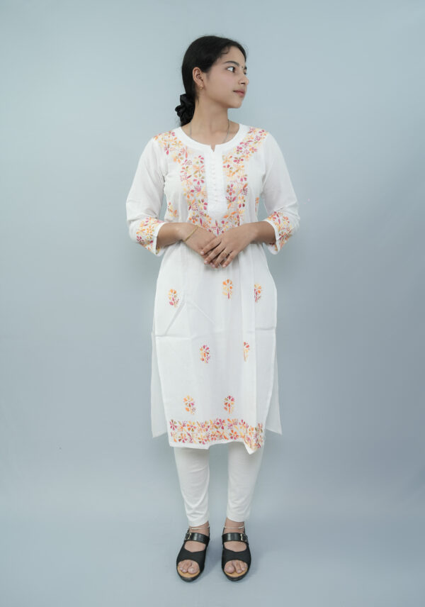 White Hand-Embroidered Floral Kurti